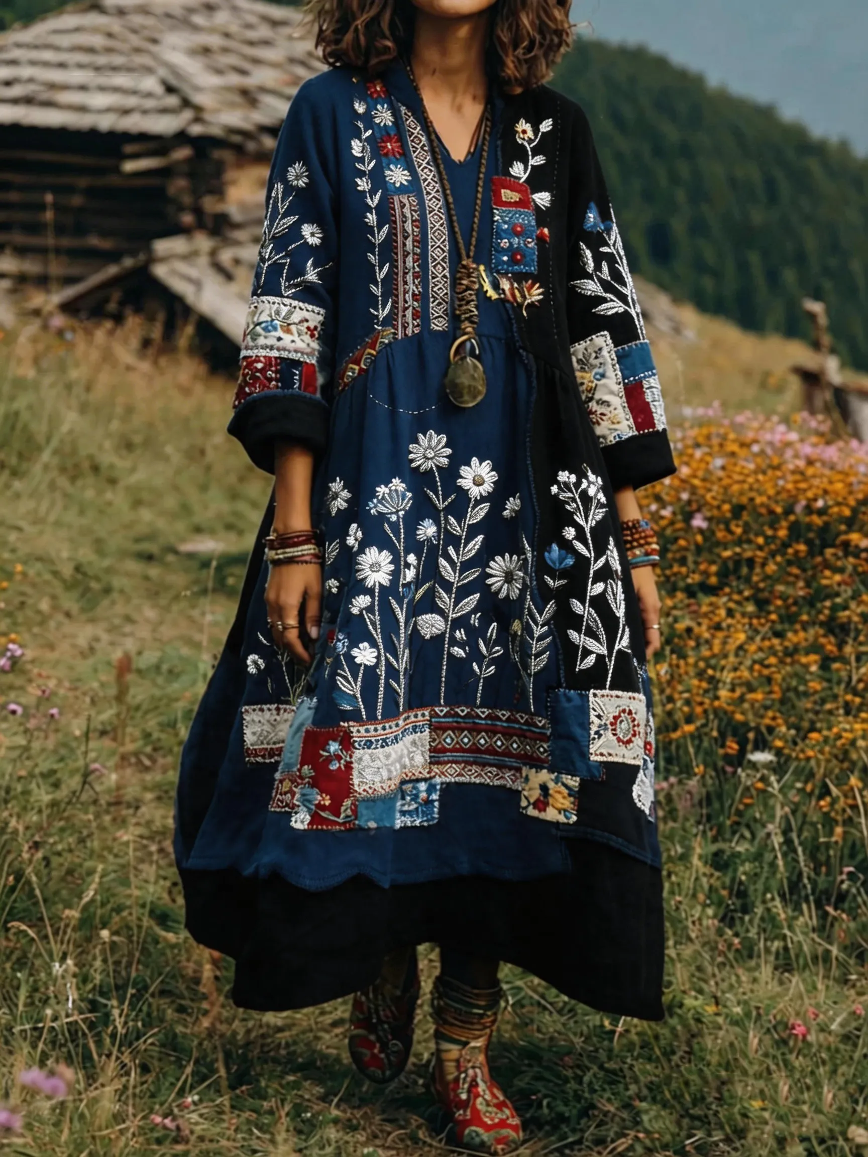 Women's Retro Ethnic Floral Color-Blocked Art Print Casual Long-Sleeve V-Neck Side Pocket Cotton Linen Dress