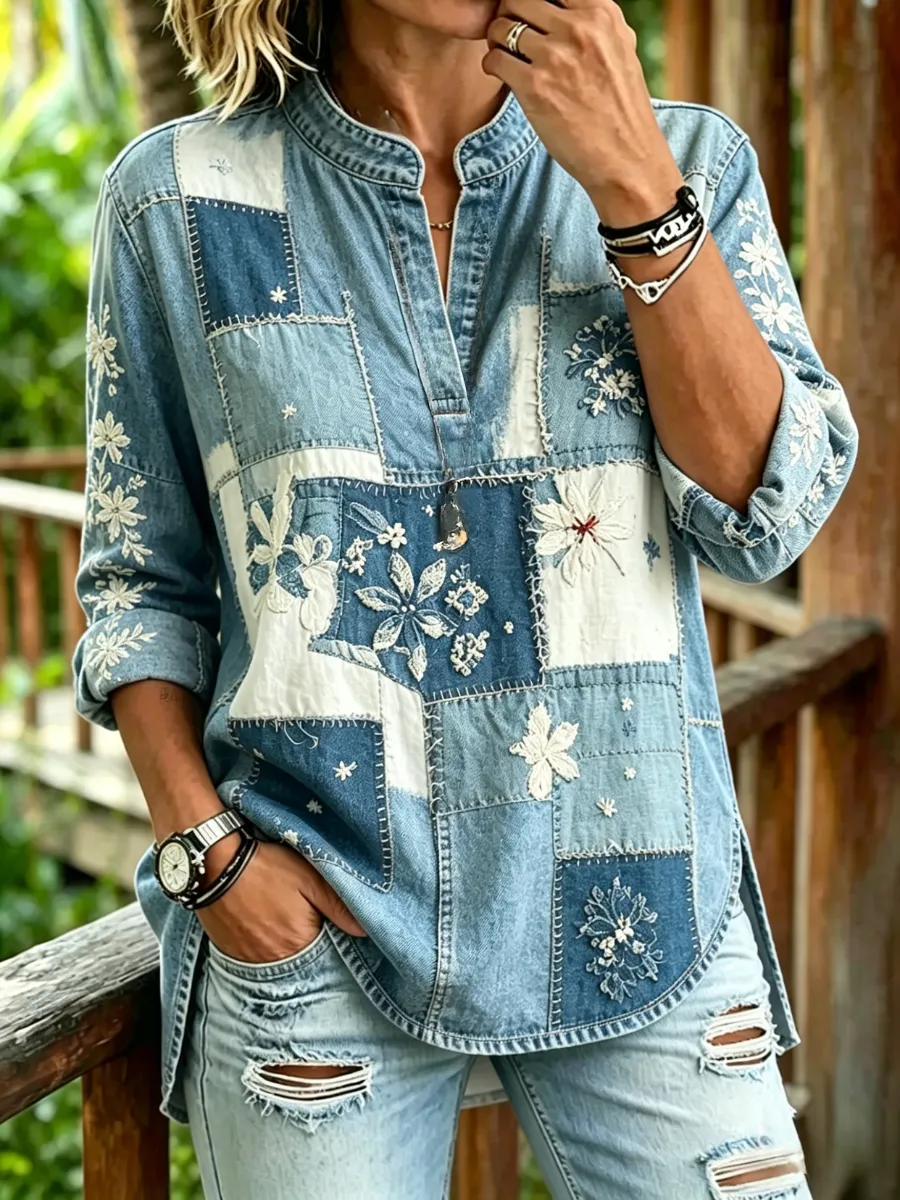 Women's retro printed casual V-neck shirt