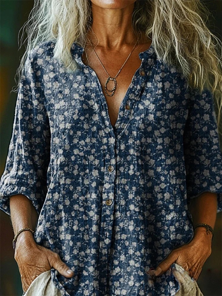 Women's Vintage Floral Art Print Casual Cotton And Linen Shirt