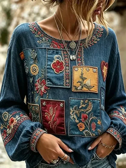 Women'S Floral Printed Casual Cotton And Linen Top