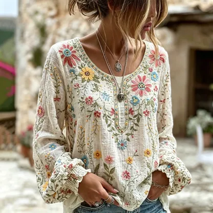 Women's Vintage Floral Art Print Flowy Linen Blend Linen Blend Long Sleeve Casual Tops