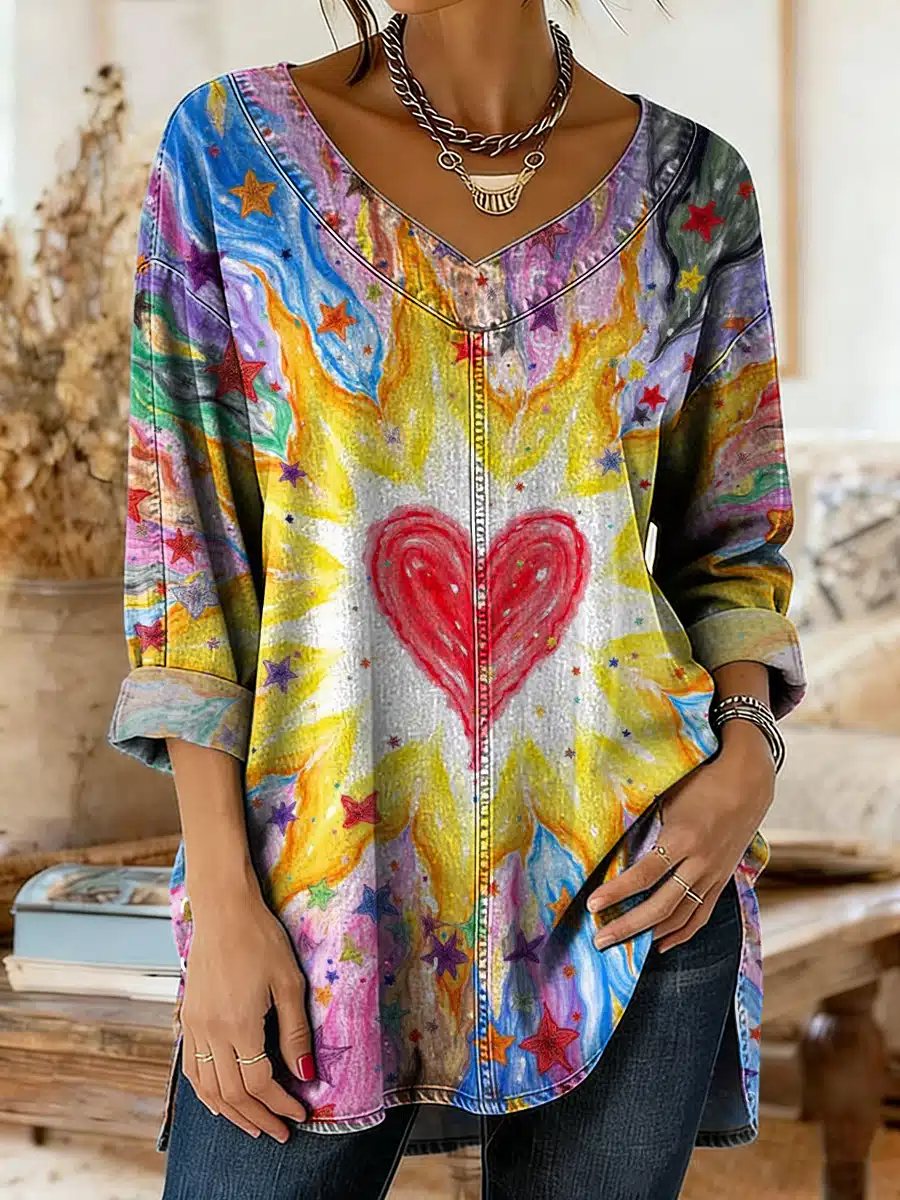 Women's Vintage Colorful Floral Heart-shaped Art Print Washed Denim Cotton Top