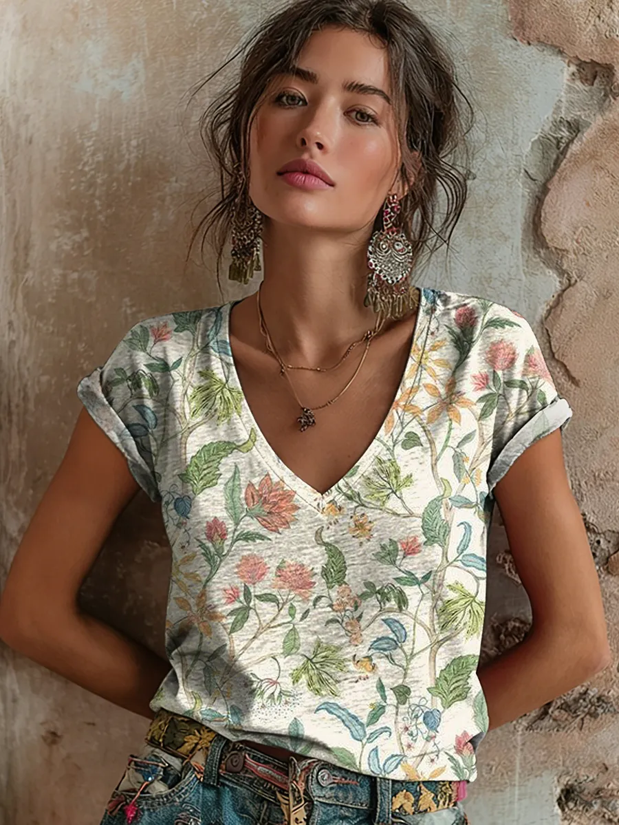 Women's Retro Floral Art Print Casual Short-Sleeve V-Neck Cotton T-Shi
