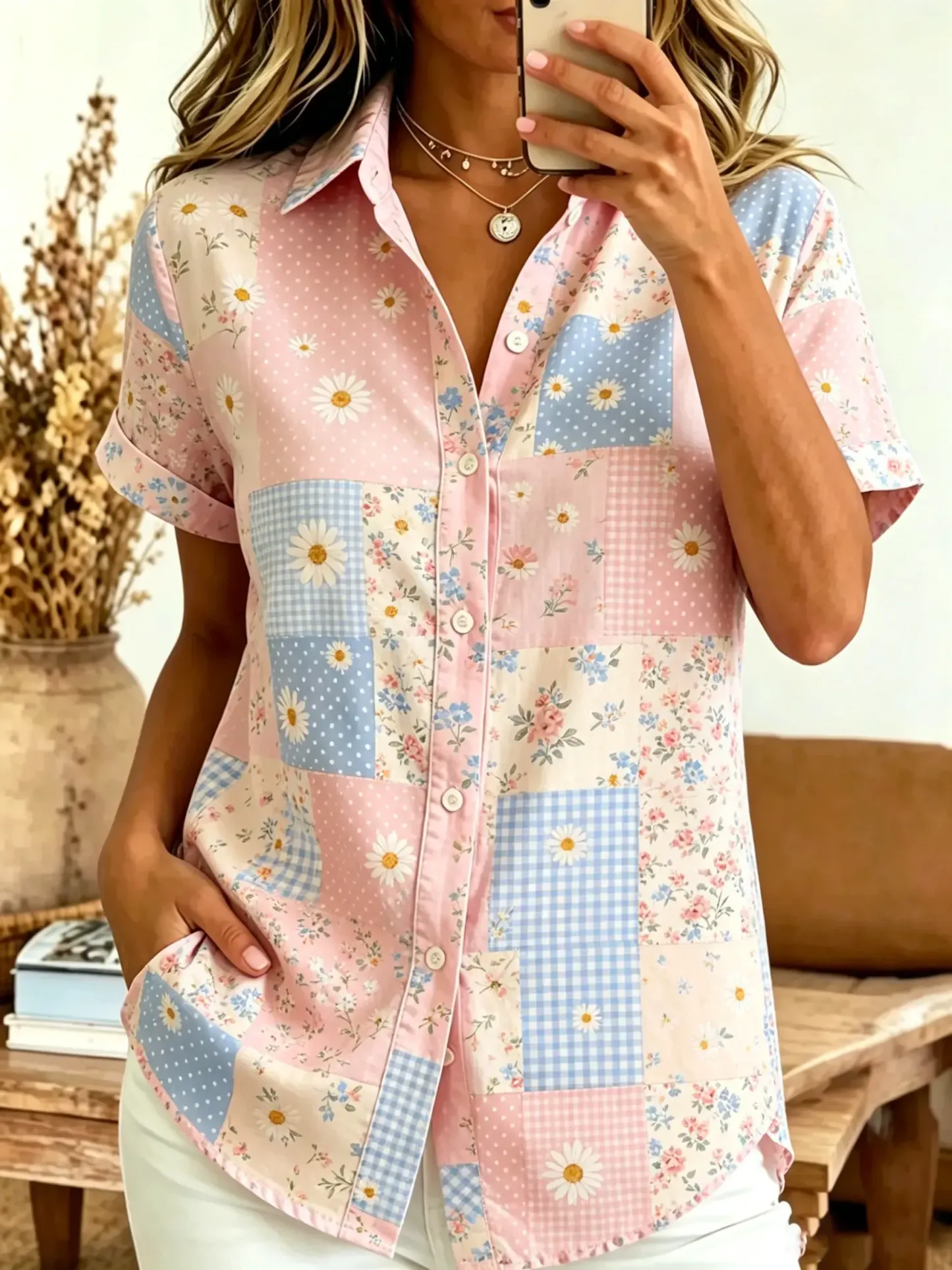 Women's Patchwork Floral & Gingham Print Cotton Short Sleeve Button-Down Shirt