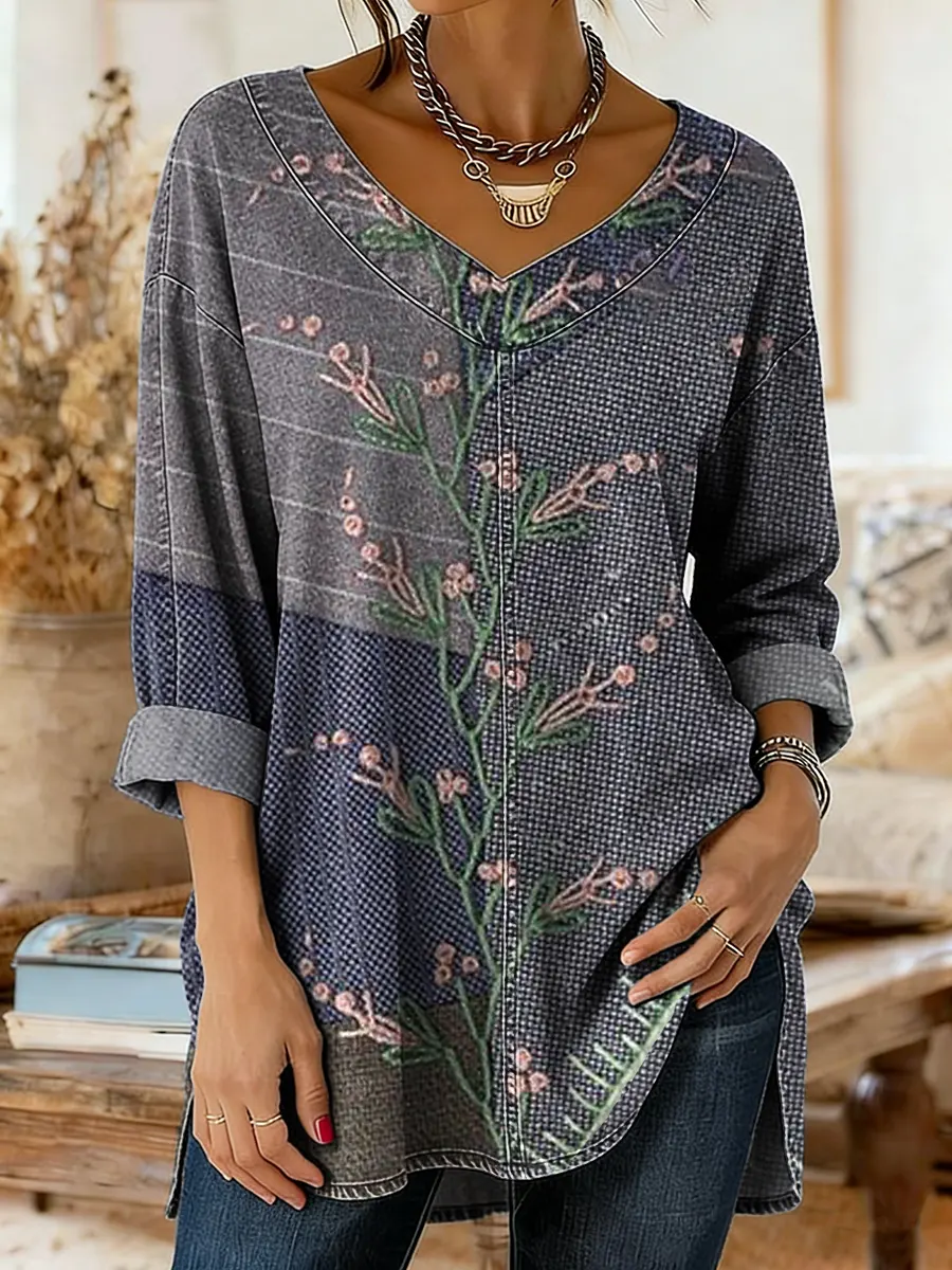 Retro Ethnic Floral Pattern Art Print Casual Washed Denim Cotton Top
