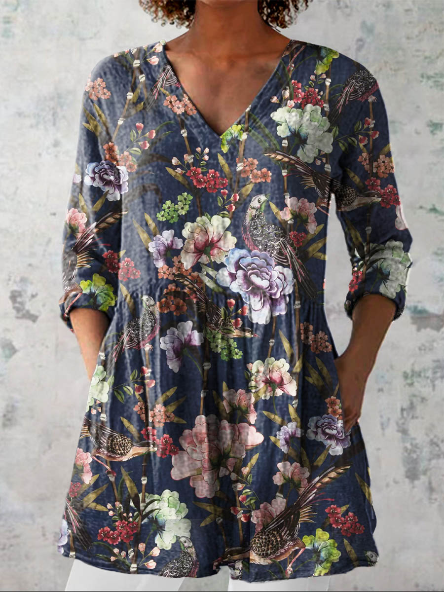 Women's Vintage Lovely Floral Art Print Casual Linen V-neck Shirt