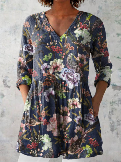 Women's Vintage Lovely Floral Art Print Casual Linen V-neck Shirt