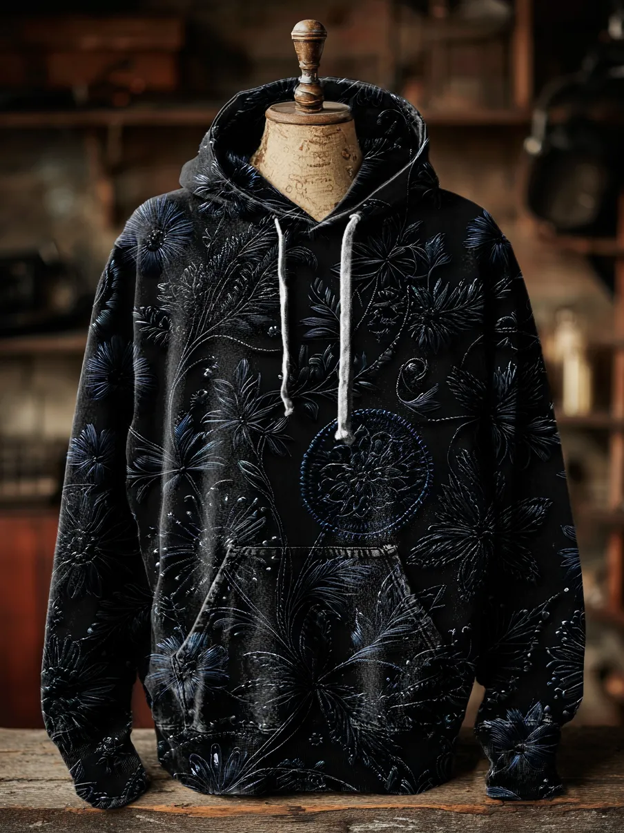Unisex Vintage Black Floral Art Print Casual Hooded Pocket Sweatshirt