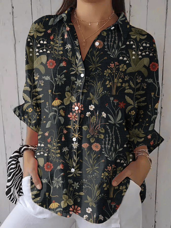 Women's Forest Floral Print Casual Lapel Shirt