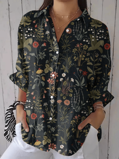 Women's Forest Floral Print Casual Lapel Shirt