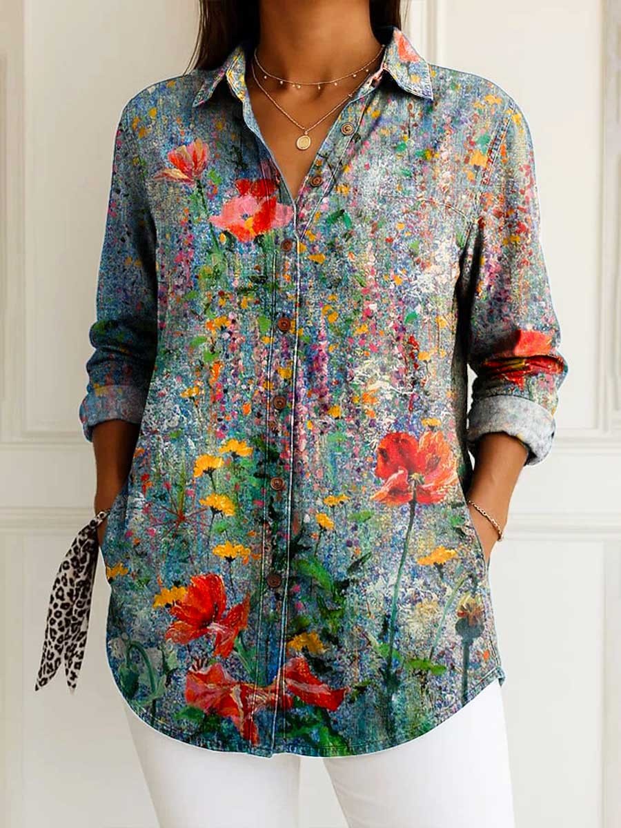 Women's Vintage Floral Pattern Art Print Casual Cotton Shirt