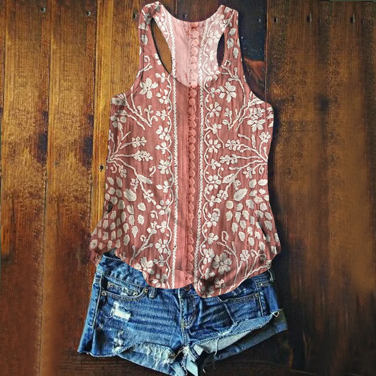 Women's Vintage Ethnic Floral Art Print V-neck Casual T-Shirt