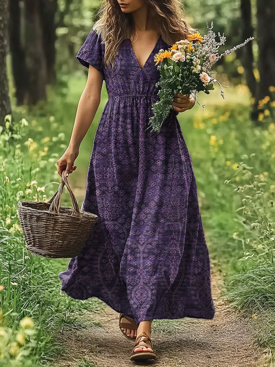 Women's Art Painting Purple Floral Vintage Print V-Neck Short Sleeve Dress