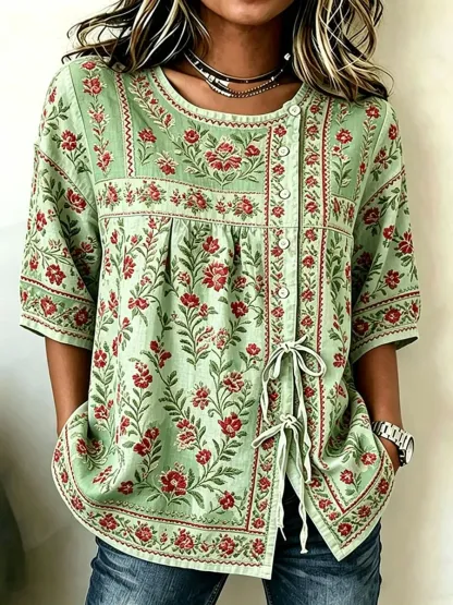 Women'S Cotton And Linen Casual Striped Print Top
