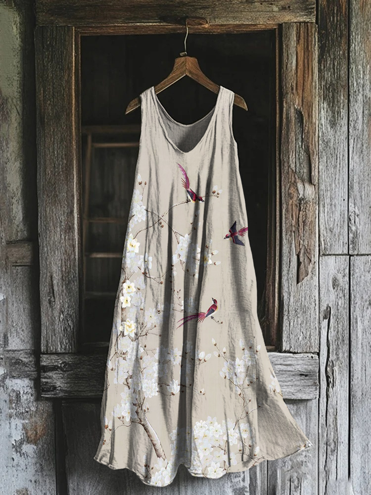 Floral Print Cotton Linen Comfy Tank Dress