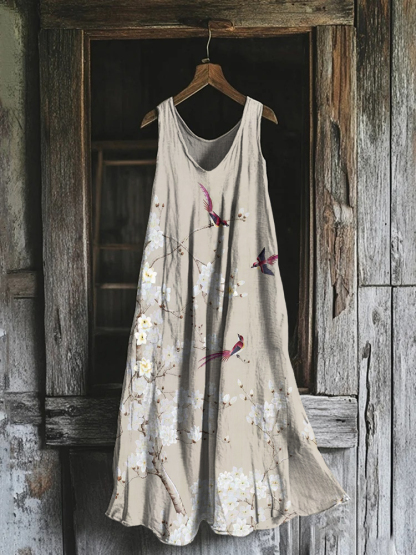 Floral Print Cotton Linen Comfy Tank Dress