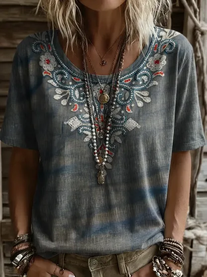 Women's Retro Ethnic Floral Print Round-neck Short-sleeve T-shirt