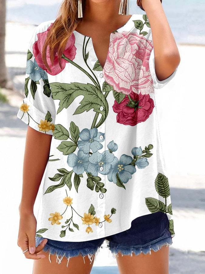 Women's Retro Botanical Floral Button Design V-Neck Three-Quarter Slee