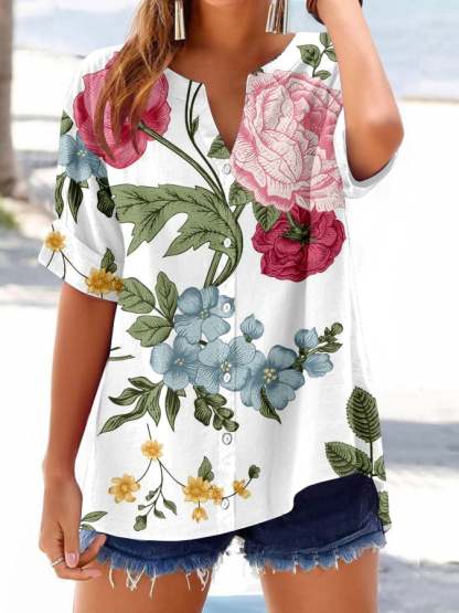 Women's Retro Botanical Floral Button Design V-Neck Three-Quarter Sleeve Shirt