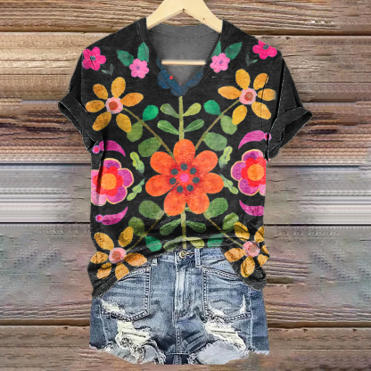 Women's Bohemian Floral Art Print V-neck Casual T-Shirt