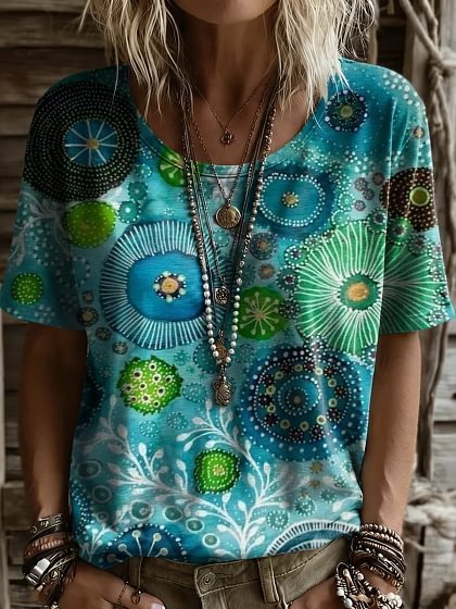Women's Short-sleeve T-shirt With Round Neck And Abstract Floral Art Print