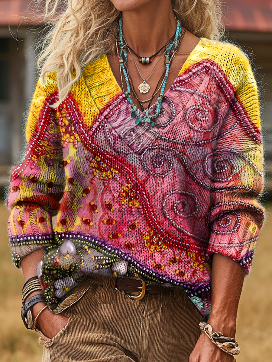 Unisex Retro Colorful Art Print Casual Long-Sleeve V-Neck Wool Blend Knit Sweater