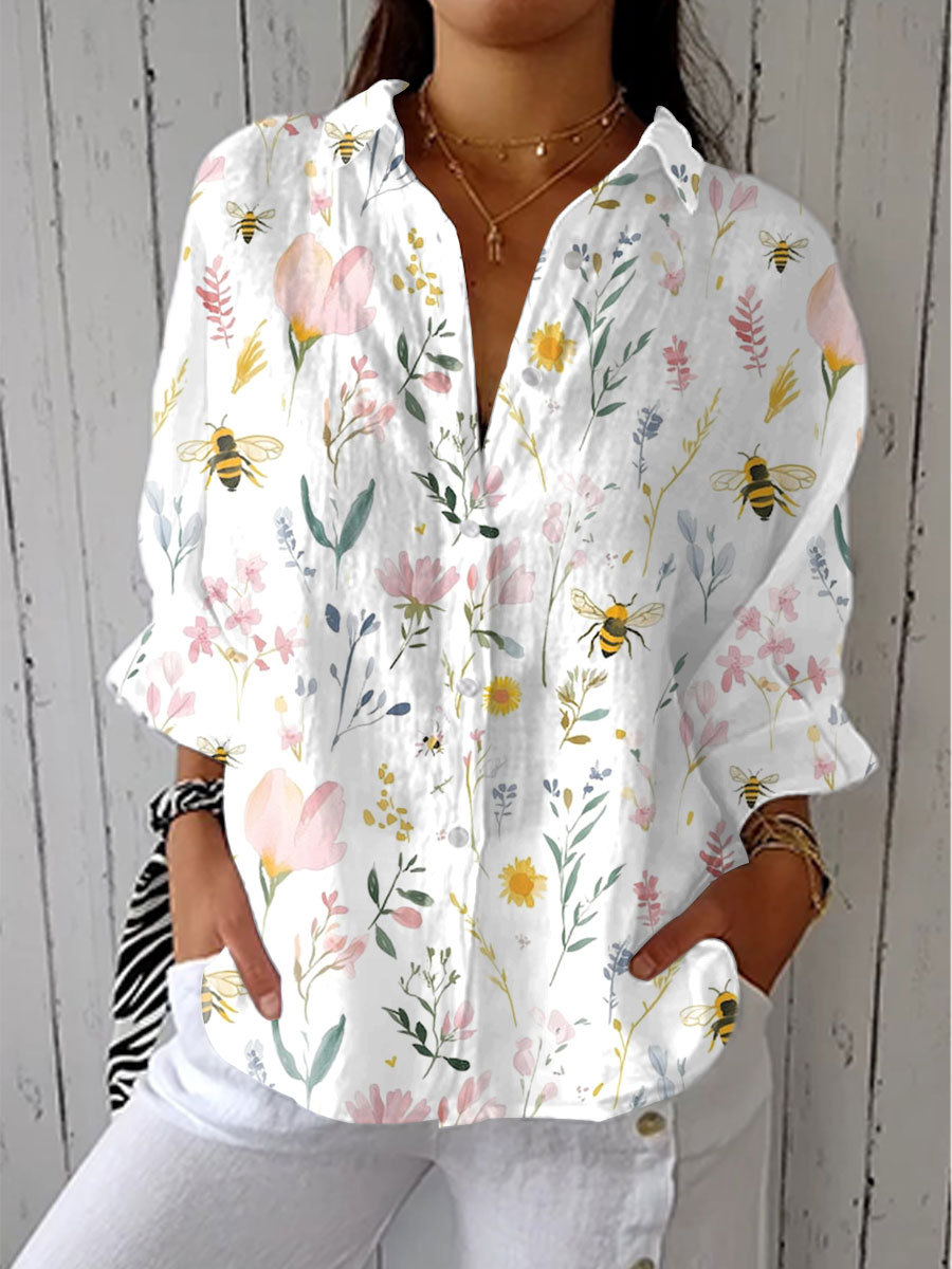 Women's Vintage Bee Floral Art Print Casual Linen V-neck Shirt
