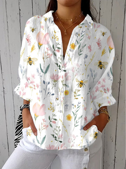 Women's  Vintage Bee Floral Art Print Casual Linen V-neck Shirt