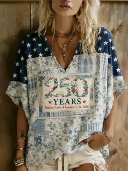 Women's V-neck Short-Sleeve T-Shirt with Independence Day Floral Print
