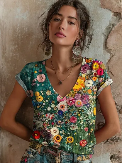Women's Retro Floral Art Print Casual Short-Sleeve V-Neck Cotton T-Shirt