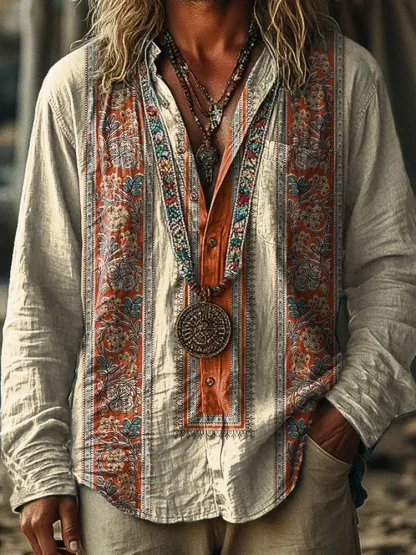 Blue Ethnic style geometry Pattern Vintage Stripe Print 100% Cotton Long Sleeve Shirt