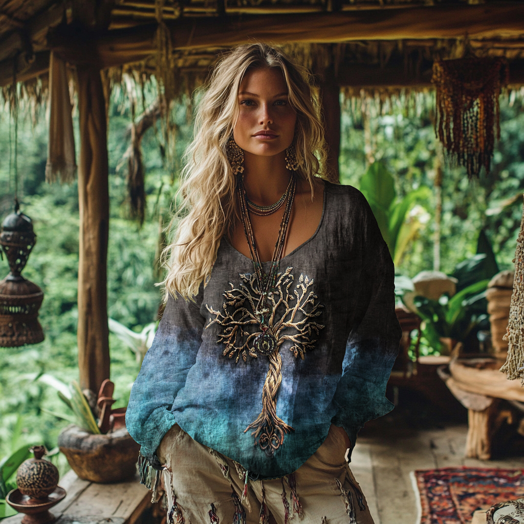 Women's Viking Celtic Knot Style Tree Of Life Rainbow Art Linen Casual T-shirt