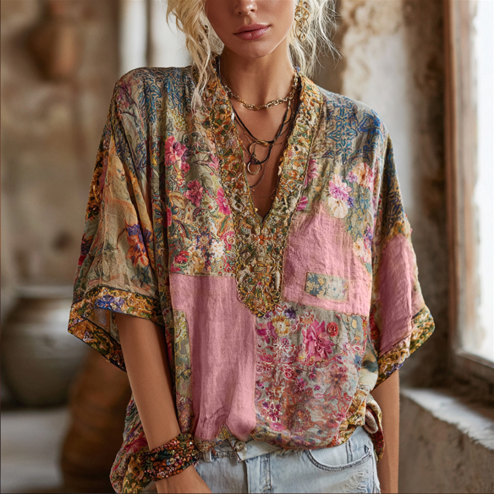 Three-dimensional Embroidery Rare Item Flower Vintage Tie-dye V-neck Short-sleeved Shirt