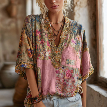 Three-dimensional Embroidery Rare Item Flower Vintage Tie-dye V-neck Short-sleeved Shirt