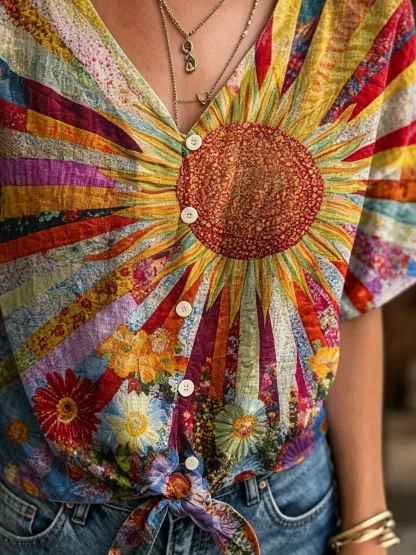 Women's Retro Colorful Sun And Floral Art Print Casual Short-sleeve V-neck Cotton Linen Cardigan Shirt