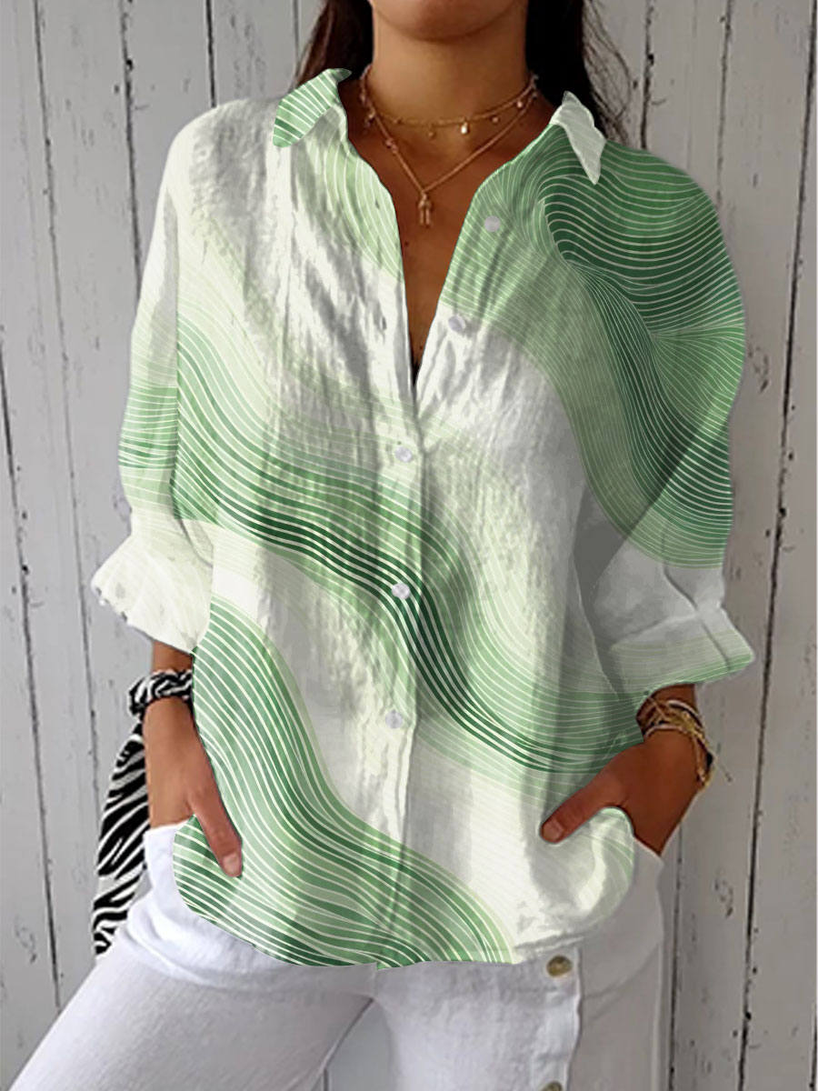 Women's Vintage Gradient Line Art Print Casual Linen V-neck Shirt