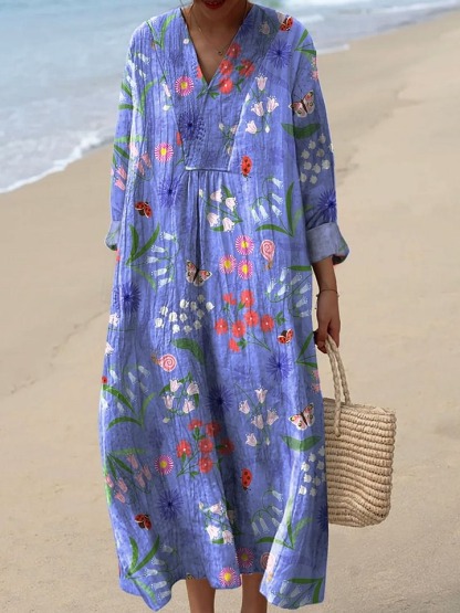 Women's Vintage Flower Art Print Casual Linen V-neck Shirt