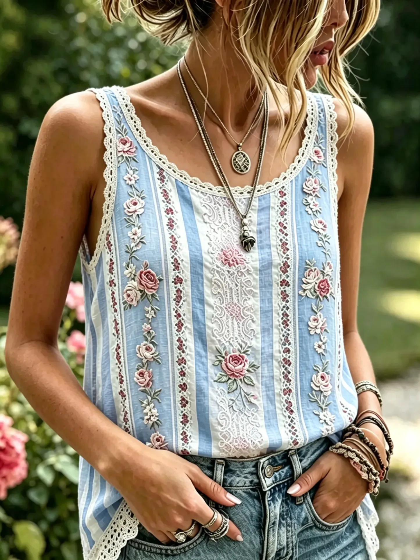 Women's Stripe Floral Print Cotton Lace Trim Sleeveless Tank Top