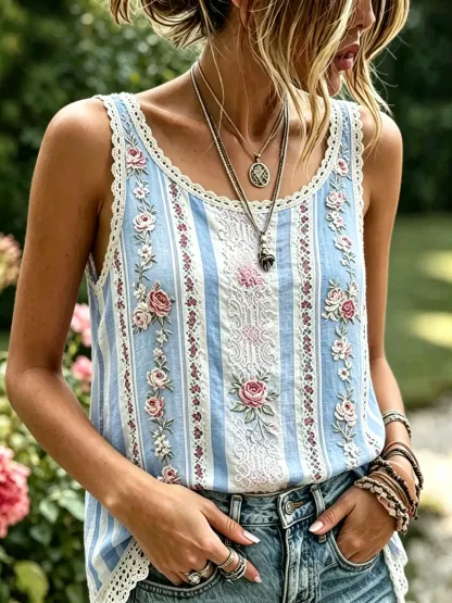 Women's Stripe Floral Print Cotton Lace Trim Sleeveless Tank Top