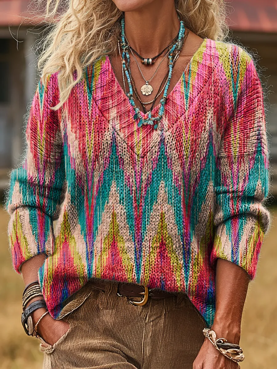 Unisex Retro Colorful Art Print Casual Long-Sleeve V-Neck Wool Blend K