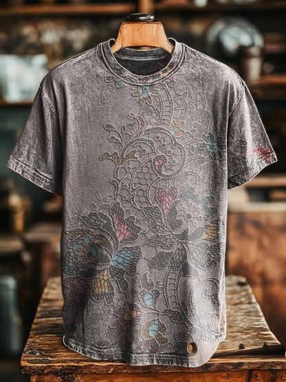 Unisex Vintage Floral Art Print Casual Loose Short Sleeve T-Shirt