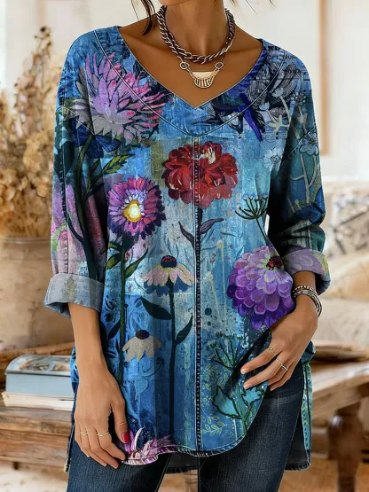 Women's Retro Floral Art Print Casual V-Neck Washed Cotton Denim Top