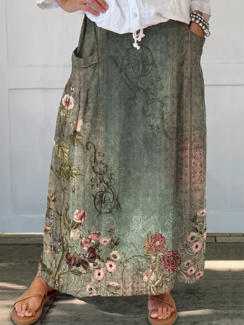 Women's Vintage Ethnic Floral Print 100%Cotton V-neck T-Shirt