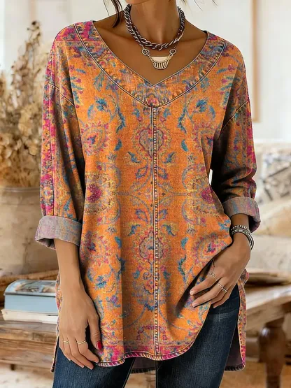 Women's National Totem Art Print Casual Washed Denim Cotton Top