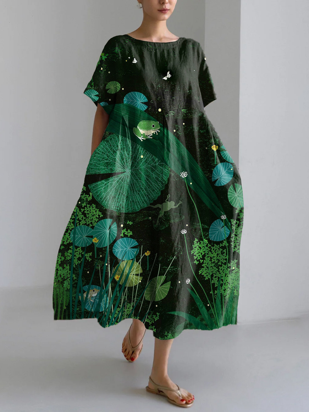 Japanese Art Frog Print Linen Blend Maxi Dress