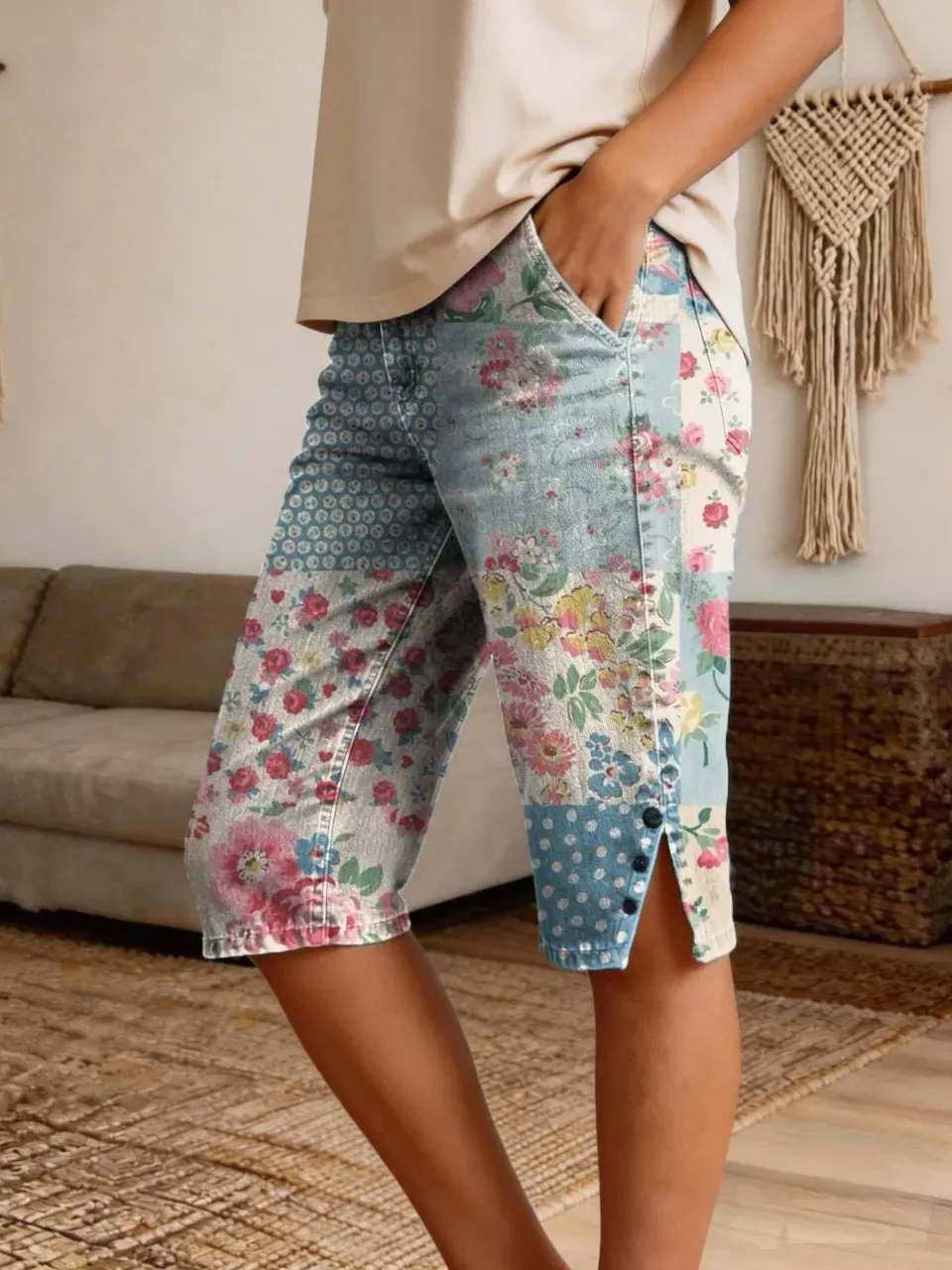 Women's Retro Patchwork Floral Art Print Casual Denim Shorts