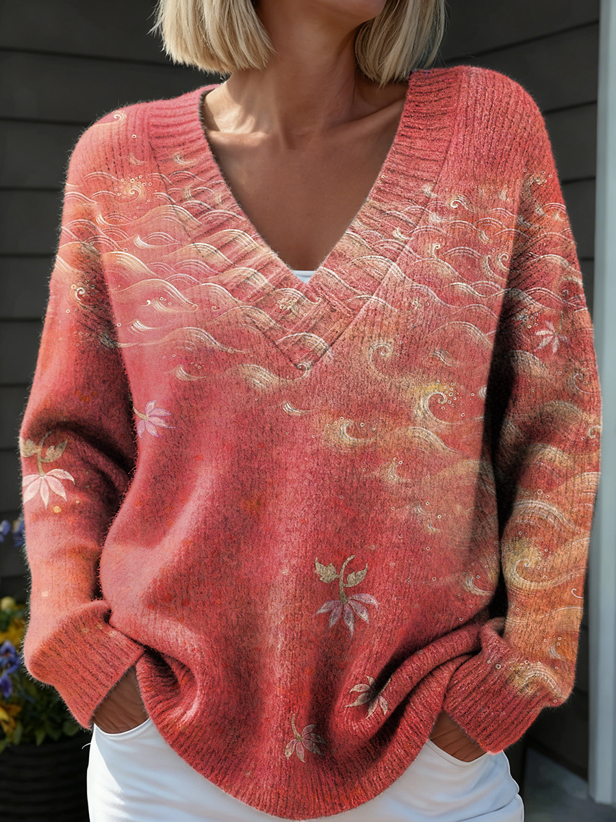Women's Vintage Ethnic Red Floral Art Prints Casual V-neck Knit Sweater