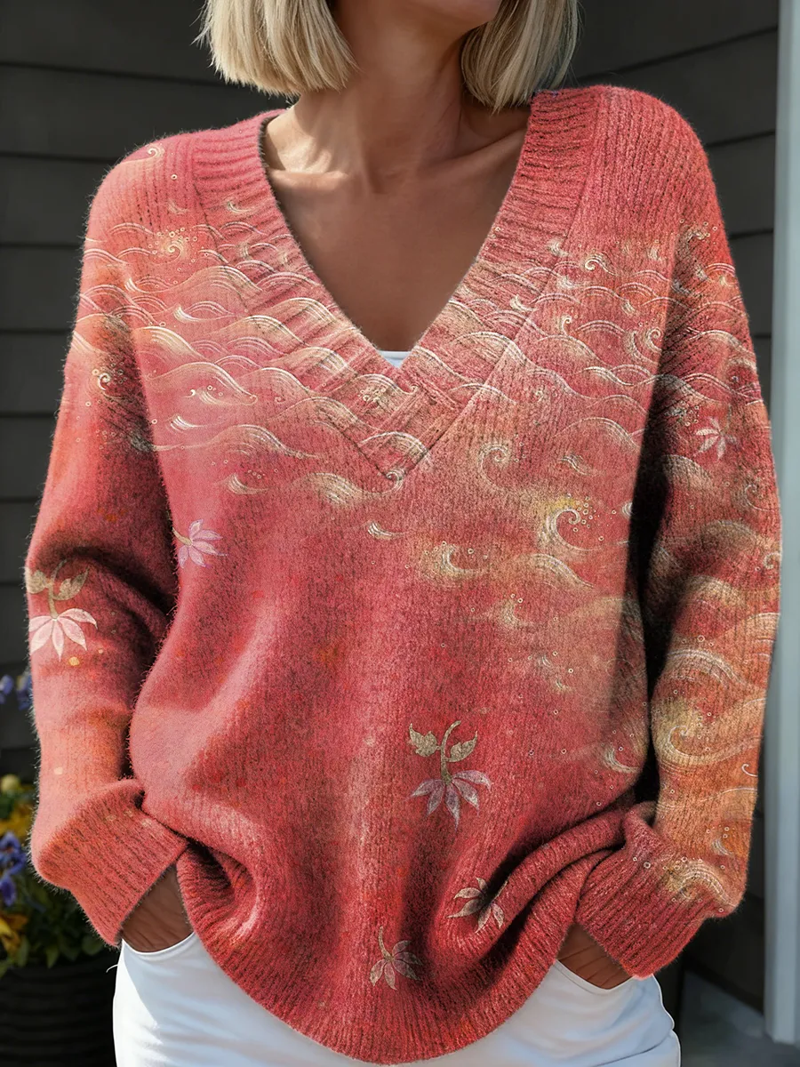 Women's Vintage Ethnic Red Floral Art Prints Casual V-neck Knit Sweate