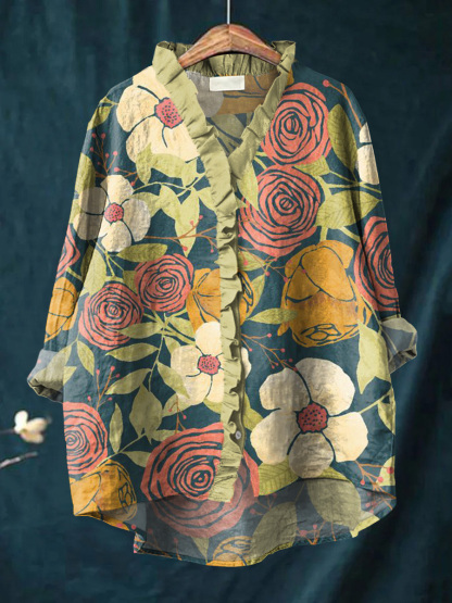 Women's Colorful Beautiful Big Flowers Flower Painting Art Print Casual Cotton And Linen Ruffle Shirt