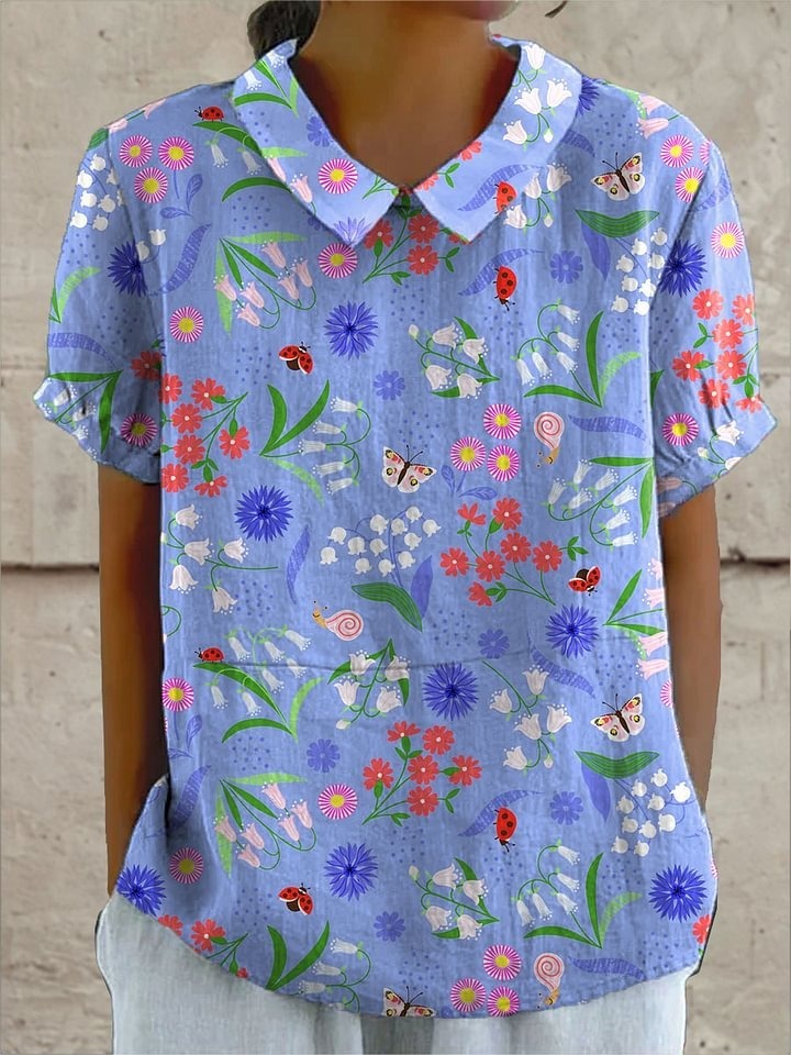 Women's Vintage Flower Art Print Casual Linen V-neck Shirt